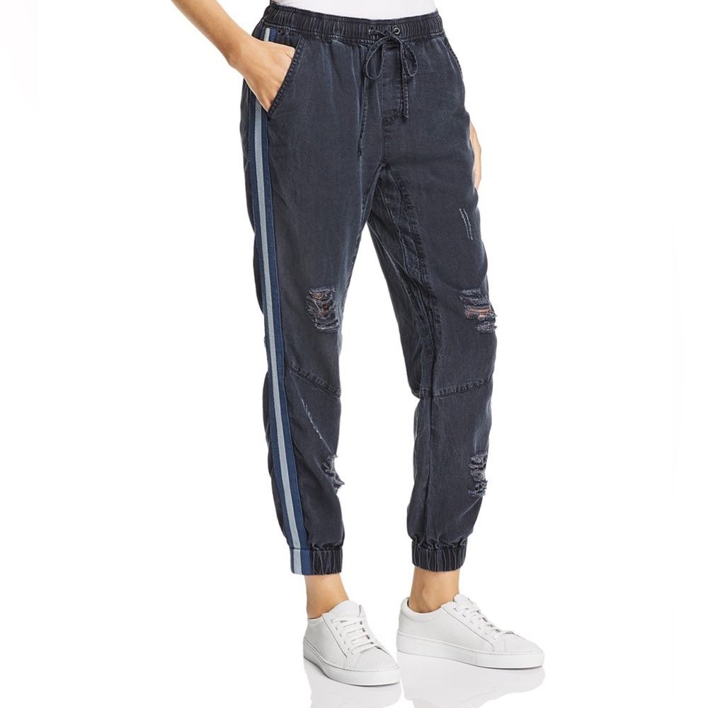Vintage Havana Distressed Jogger Pants M Black Blue Stripes 27” Inseam